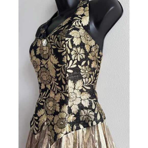 Vintage 80s Gunne Sax Metallic Brocade Halter Ball Gown Holiday Formal Size 3/4 - Picture 3 of 11